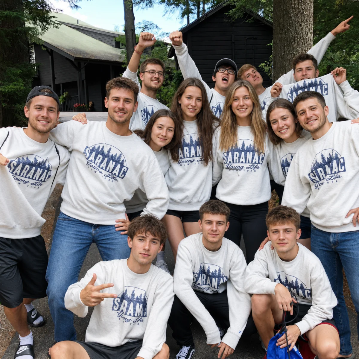 Group wearing matching custom apparel made by Aim High Marketing & Apparel